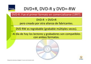 DVD+R, DVD-R y DVD+-RW
DVD-R: Fue el primer formato en comercializarse (1997).
DVD-R = DVD+R
pero creado por otra alianza de fabricantes.
DVD RW es regrabable (grabable múltiples veces).
Al día de hoy los lectores y grabadores son compatibles
con ambos formatos.

©Diapositivas elaboradas por Ucomur: D. Francisco José Hernández Carrillo.

 