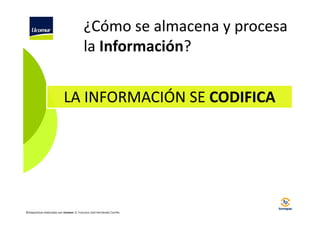 ¿Cómo se almacena y procesa
la Información?
LA INFORMACIÓN SE CODIFICA

©Diapositivas elaboradas por Ucomur: D. Francisco José Hernández Carrillo.

 