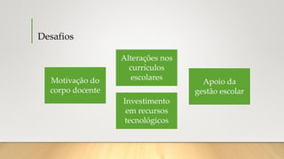 Desafios
Motivação do
corpo docente
Alterações nos
currículos
escolares
Apoio da
gestão escolar
Investimento
em recursos
tecnológicos
 