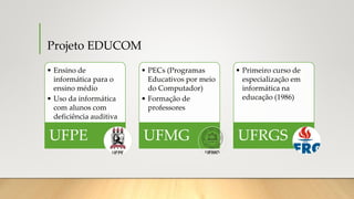 Projeto EDUCOM
• Ensino de
informática para o
ensino médio
• Uso da informática
com alunos com
deficiência auditiva
UFPE
• PECs (Programas
Educativos por meio
do Computador)
• Formação de
professores
UFMG
• Primeiro curso de
especialização em
informática na
educação (1986)
UFRGS
 