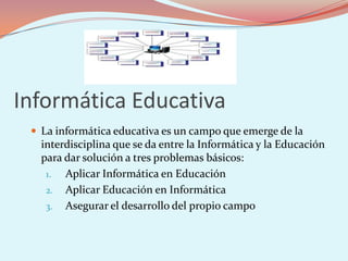 Informática Educativa La informática educativa es un campo que emerge de la interdisciplina que se da entre la Informática y la Educación para dar solución a tres problemas básicos:  Aplicar Informática en Educación Aplicar Educación en Informática Asegurar el desarrollo del propio campo 