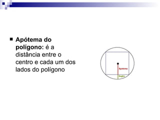 Apótema do polígono:  é a distância entre o centro e cada um dos lados do polígono 