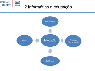 2 Informática e educação
Educação
Tecnologias
Práticas
Educacionais
Professor
Aluno
 