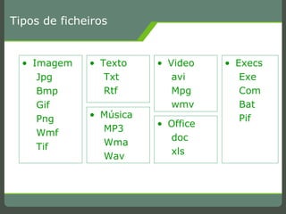 Tipos de ficheiros Imagem Jpg Bmp Gif Png Wmf Tif Texto Txt Rtf Música MP3 Wma Wav Video avi Mpg wmv Office doc xls Execs Exe Com Bat Pif 