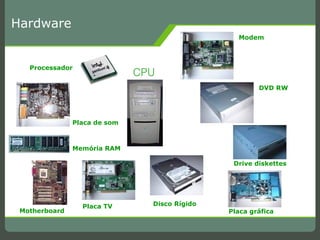 Hardware Modem DVD RW Drive diskettes Placa gráfica Disco Rígido Placa TV Motherboard Memória RAM Placa de som Processador CPU 