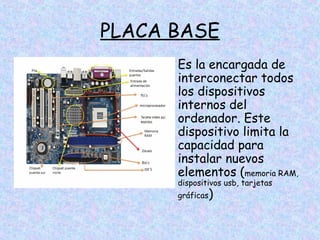 PLACA BASE
• Es la encargada de
interconectar todos
los dispositivos
internos del
ordenador. Este
dispositivo limita la
capacidad para
instalar nuevos
elementos (memoria RAM,
dispositivos usb, tarjetas
gráficas)

 