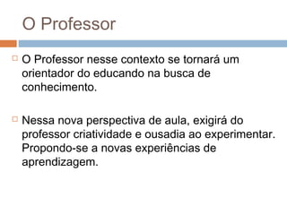 O Professor




O Professor nesse contexto se tornará um
orientador do educando na busca de
conhecimento.
Nessa nova perspectiva de aula, exigirá do
professor criatividade e ousadia ao experimentar.
Propondo-se a novas experiências de
aprendizagem.

 