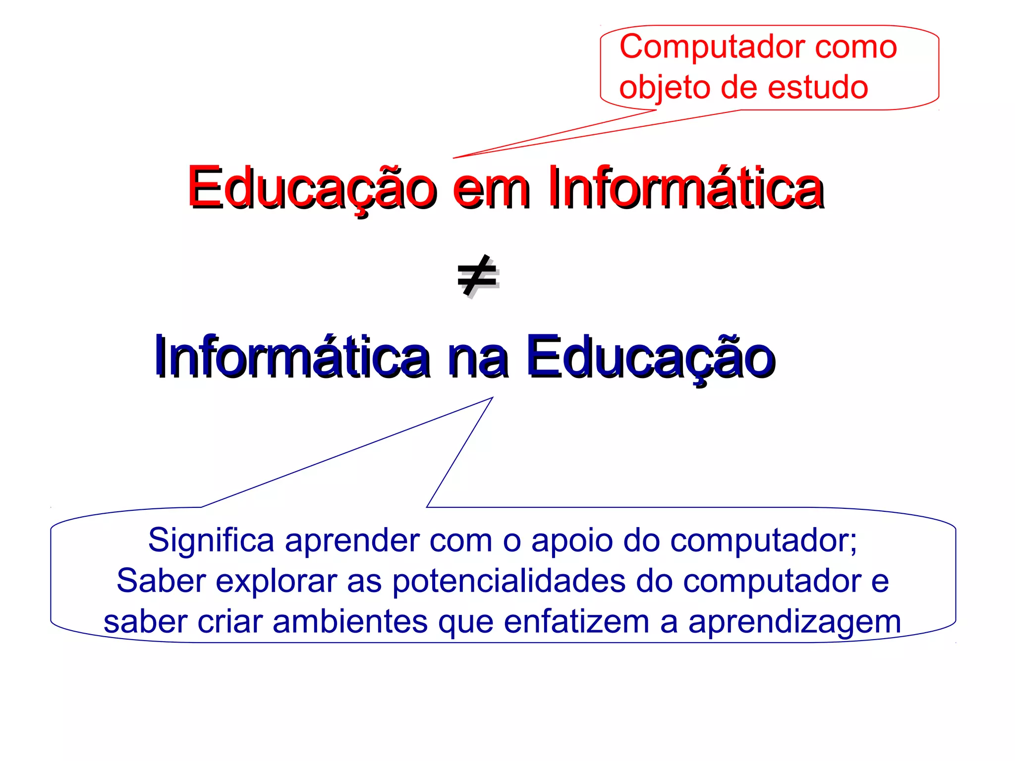 Educação em InformáticaEducação em Informática
Informática na EducaçãoInformática na Educação
≠≠
Computador como
objeto de estudo
Significa aprender com o apoio do computador;
Saber explorar as potencialidades do computador e
saber criar ambientes que enfatizem a aprendizagem
 