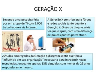 GERAÇÃO XA Geração X contribui para fóruns e redes sociais tanto quanto a Geração Y. O uso de blogs e wikis foi quase igual, com uma diferença de poucos pontos percentuais. Segundo uma pesquisa feita por um grupo de TI com 2.000 trabalhadores via Internet.22% dos empregados da Geração X disseram sentir que têm a “influência em sua organização” necessária para introduzir novas tecnologias, enquanto apenas 13% daqueles com menos de 29 anos responderam o mesmo. 