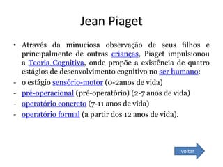 Jean Piaget
• Através da minuciosa observação de seus filhos e
principalmente de outras crianças, Piaget impulsionou
a Teoria Cognitiva, onde propõe a existência de quatro
estágios de desenvolvimento cognitivo no ser humano:
- o estágio sensório-motor (0-2anos de vida)
- pré-operacional (pré-operatório) (2-7 anos de vida)
- operatório concreto (7-11 anos de vida)
- operatório formal (a partir dos 12 anos de vida).
voltar
 