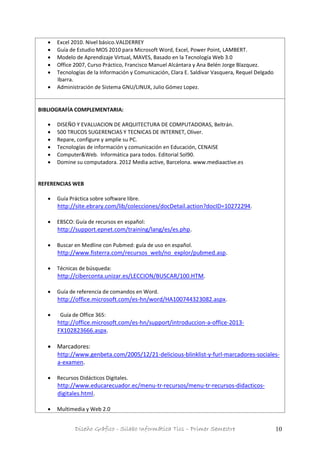 Diseño Gráfico - Silabo Informática Tics – Primer Semestre 10
 Excel 2010. Nivel básico.VALDERREY
 Guía de Estudio MOS 2010 para Microsoft Word, Excel, Power Point, LAMBERT.
 Modelo de Aprendizaje Virtual, MAVES, Basado en la Tecnología Web 3.0
 Office 2007, Curso Práctico, Francisco Manuel Alcántara y Ana Belén Jorge Blazquez.
 Tecnologías de la Información y Comunicación, Clara E. Saldivar Vasquera, Requel Delgado
Ibarra.
 Administración de Sistema GNU/LINUX, Julio Gómez Lopez.
BIBLIOGRAFÍA COMPLEMENTARIA:
 DISEÑO Y EVALUACION DE ARQUITECTURA DE COMPUTADORAS, Beltrán.
 500 TRUCOS SUGERENCIAS Y TECNICAS DE INTERNET, Oliver.
 Repare, configure y amplíe su PC.
 Tecnologías de información y comunicación en Educación, CENAISE
 Computer&Web. Informática para todos. Editorial Sol90.
 Domine su computadora. 2012 Media active, Barcelona. www.mediaactive.es
REFERENCIAS WEB
 Guía Práctica sobre software libre.
http://site.ebrary.com/lib/colecciones/docDetail.action?docID=10272294.
 EBSCO: Guía de recursos en español:
http://support.epnet.com/training/lang/es/es.php.
 Buscar en Medline con Pubmed: guía de uso en español.
http://www.fisterra.com/recursos_web/no_explor/pubmed.asp.
 Técnicas de búsqueda:
http://ciberconta.unizar.es/LECCION/BUSCAR/100.HTM.
 Guía de referencia de comandos en Word.
http://office.microsoft.com/es-hn/word/HA100744323082.aspx.
 Guía de Office 365:
http://office.microsoft.com/es-hn/support/introduccion-a-office-2013-
FX102823666.aspx.
 Marcadores:
http://www.genbeta.com/2005/12/21-delicious-blinklist-y-furl-marcadores-sociales-
a-examen.
 Recursos Didácticos Digitales.
http://www.educarecuador.ec/menu-tr-recursos/menu-tr-recursos-didacticos-
digitales.html.
 Multimedia y Web 2.0
 