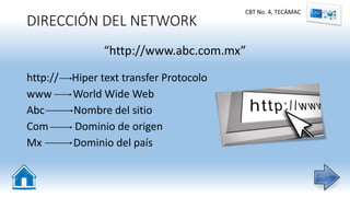 DIRECCIÓN DEL NETWORK
“http://www.abc.com.mx”
http:// Hiper text transfer Protocolo
www World Wide Web
Abc Nombre del sitio
Com Dominio de origen
Mx Dominio del país
CBT No. 4, TECÀMAC
 