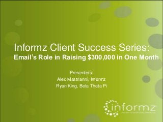 Informz Client Success Series:
Email’s Role in Raising $300,000 in One Month
Presenters:
Alex Mastrianni, Informz
Ryan King, Beta Theta Pi
 