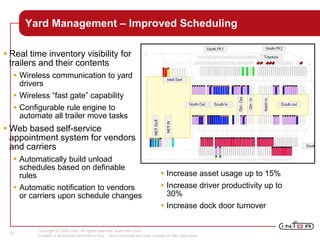Copyright © 2008 Infor. All rights reserved. www.infor.com.
Content is directional information only. Non-committal and may change at Infor discretion.
23
Yard Management – Improved Scheduling
 Real time inventory visibility for
trailers and their contents
 Wireless communication to yard
drivers
 Wireless “fast gate” capability
 Configurable rule engine to
automate all trailer move tasks
 Web based self-service
appointment system for vendors
and carriers
 Automatically build unload
schedules based on definable
rules
 Automatic notification to vendors
or carriers upon schedule changes
 Increase asset usage up to 15%
 Increase driver productivity up to
30%
 Increase dock door turnover
 