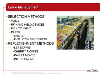 Copyright © 2008 Infor. All rights reserved. www.infor.com.
Content is directional information only. Non-committal and may change at Infor discretion.
25
Labor Management
SELECTION METHODS
 VOICE
 RF HAND-HELD DEVICES
 PICK TO LIGHT
 PAPER
LABELS
PICK LISTS / PICK TICKETS
REPLENISHMENT METHODS
LET DOWNS
CHERRY PICKING
PALLET MOVES
INTERLEAVING
 