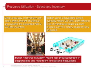 Copyright © 2008 Infor. All rights reserved. www.infor.com.
Content is directional information only. Non-committal and may change at Infor discretion.
28
Resource Utilization - Space and Inventory
Better use of all available space
typically means 20-30% more efficient
use of warehouse space so more
product can fit in heavy seasonal flow
of goods.
Better accuracy on Inventory can
mean same amount of revenue
can typically be supported with 5-
8% less inventory.
Better Resource Utilization Means less product needed to
support sales and more room for seasonal fluctuations !
 