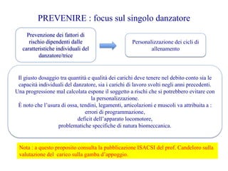 Personalizzazione dei cicli di
allenamento
Il giusto dosaggio tra quantità e qualità dei carichi deve tenere nel debito conto sia le
capacità individuali del danzatore, sia i carichi di lavoro svolti negli anni precedenti.
Una progressione mal calcolata espone il soggetto a rischi che si potrebbero evitare con
la personalizzazione.
È noto che l’usura di ossa, tendini, legamenti, articolazioni e muscoli va attribuita a :
errori di programmazione,
deficit dell’apparato locomotore,
problematiche specifiche di natura biomeccanica.
Nota : a questo proposito consulta la pubblicazione ISACSI del prof. Candeloro sulla
valutazione del carico sulla gamba d’appoggio.
PREVENIRE : focus sul singolo danzatore
Prevenzione dei fattori di
rischio dipendenti dalle
caratteristiche individuali del
danzatore/trice
 