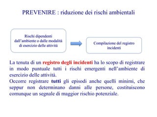 PREVENIRE : riduzione dei rischi ambientali
Rischi dipendenti
dall’ambiente o dalle modalità
di esercizio delle attività
Compilazione del registro
incidenti
La tenuta di un registro degli incidenti ha lo scopo di registrare
in modo puntuale tutti i rischi emergenti nell’ambiente di
esercizio delle attività.
Occorre registrare tutti gli episodi anche quelli minimi, che
seppur non determinano danni alle persone, costituiscono
comunque un segnale di maggior rischio potenziale.
 