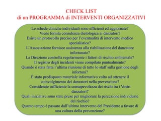 CHECK LIST
di un PROGRAMMA di INTERVENTI ORGANIZZATIVI
Le schede cliniche individuali sono efficienti ed aggiornate?
Viene fornita consulenza dietologica ai danzatori?
Esiste un protocollo preciso per l’eventualità di intervento medico
specialistico?
L’Associazione fornisce assistenza alla riabilitazione del danzatore
infortunato?
La Direzione controlla regolarmente i fattori di rischio ambientale?
Il registro degli incidenti viene compilato puntualmente?
Quando è stata fatta l’ultima riunione di tutto lo staff sulla gestione degli
infortuni?
È stato predisposto materiale informativo volto ad ottenere il
coinvolgimento dei danzatori nella prevenzione?
Considerate sufficiente la consapevolezza dei rischi tra i Vostri
danzatori?
Quali iniziative sono state prese per migliorare la percezione individuale
del rischio?
Quanto tempo è passato dall’ultimo intervento del Presidente a favore di
una cultura della prevenzione?
 