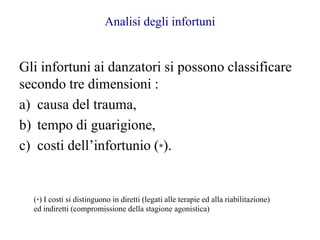 Gli infortuni ai danzatori si possono classificare
secondo tre dimensioni :
a) causa del trauma,
b) tempo di guarigione,
c) costi dell’infortunio (*).
Analisi degli infortuni
(*) I costi si distinguono in diretti (legati alle terapie ed alla riabilitazione)
ed indiretti (compromissione della stagione agonistica)
 