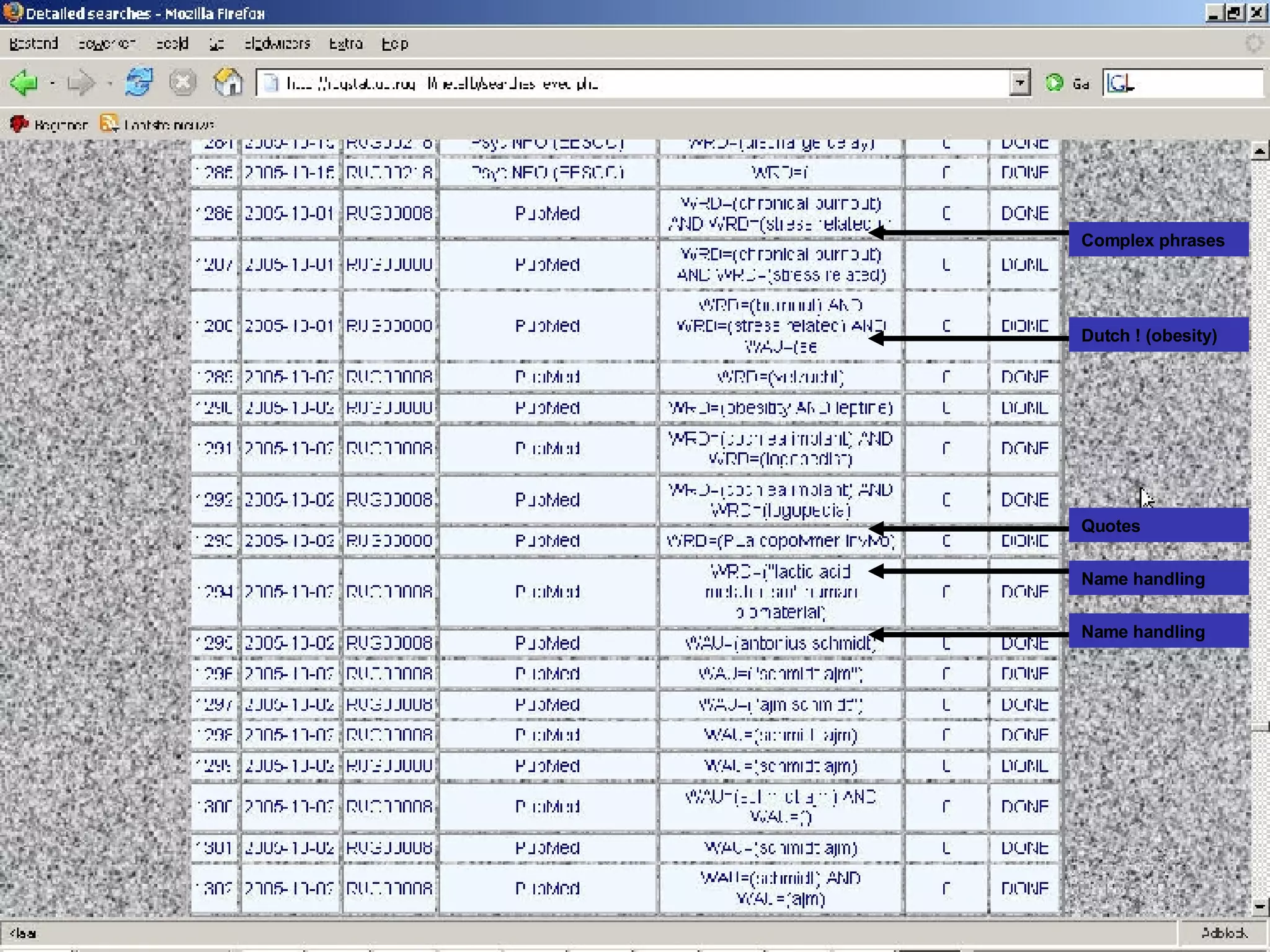 Complex phrases Dutch ! (obesity) Quotes Name handling Name handling 