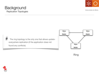 Background
Replication Topologies




   The ring topology is the only one that allows update-
  everywhere replication (if the application does not
  found any conﬂicts)



                                                           Ring
 