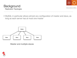 Background
 Replication Topologies



• MySQL in particular allows almost any conﬁguration of master and slave, as
  long as each server has at most one master




       Master and multiple slaves
 