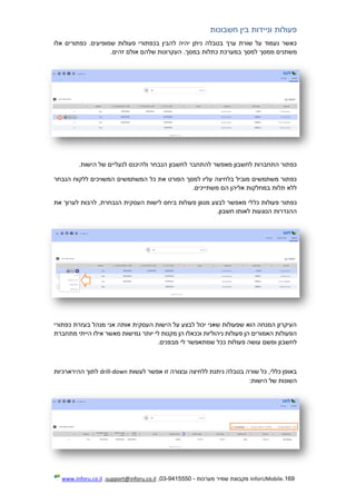169.InforUMobile‫מערכות‬ ‫שמיר‬ ‫מקבוצת‬-9415550-03,support@inforu.co.il,www.inforu.co.il
‫פעולות‬‫וניידות‬‫חשבונות‬ ‫בין‬
‫אלו‬ ‫כפתורים‬ .‫שמופיעים‬ ‫פעולות‬ ‫בכפתורי‬ ‫להבין‬ ‫יהיה‬ ‫ניתן‬ ‫בטבלה‬ ‫ערך‬ ‫שורת‬ ‫על‬ ‫נעמוד‬ ‫כאשר‬
‫ממסך‬ ‫משתנים‬.‫זהים‬ ‫אולם‬ ‫שלהם‬ ‫העקרונות‬ .‫במסך‬ ‫כתלות‬ ‫במערכת‬ ‫למסך‬
.‫הישות‬ ‫של‬ ‫לנעליים‬ ‫ולהיכנס‬ ‫הנבחר‬ ‫לחשבון‬ ‫להתחבר‬ ‫מאפשר‬ ‫לחשבון‬ ‫התחברות‬ ‫כפתור‬
‫הנבחר‬ ‫ללקוח‬ ‫המשויכים‬ ‫המשתמשים‬ ‫כל‬ ‫את‬ ‫הפורט‬ ‫למסך‬ ‫עליו‬ ‫בלחיצה‬ ‫מוביל‬ ‫משתמשים‬ ‫כפתור‬
.‫משתייכים‬ ‫הם‬ ‫אליהן‬ ‫במחלקות‬ ‫תלות‬ ‫ללא‬
‫כל‬ ‫פעולות‬ ‫כפתור‬‫את‬ ‫לערוך‬ ‫לרבות‬ ,‫הנבחרת‬ ‫העסקית‬ ‫לישות‬ ‫ביחס‬ ‫פעולות‬ ‫מגוון‬ ‫לבצע‬ ‫מאפשר‬ ‫לי‬
.‫חשבון‬ ‫לאותו‬ ‫הנוגעות‬ ‫ההגדרות‬
‫כפתורי‬ ‫בעזרת‬ ‫מנהל‬ ‫אני‬ ‫אותה‬ ‫העסקית‬ ‫הישות‬ ‫על‬ ‫לבצע‬ ‫יכול‬ ‫שאני‬ ‫שפעולות‬ ‫הוא‬ ‫המנחה‬ ‫העיקרון‬
‫א‬ ‫מאשר‬ ‫גמישות‬ ‫יותר‬ ‫לי‬ ‫מקנות‬ ‫הן‬ ‫וככאלו‬ ‫ניהוליות‬ ‫פעולות‬ ‫הן‬ ‫האמורים‬ ‫הפעולות‬‫מתחברת‬ ‫הייתי‬ ‫ילו‬
.‫מבפנים‬ ‫לי‬ ‫שמתאפשר‬ ‫ככל‬ ‫פעולות‬ ‫עושה‬ ‫ומשם‬ ‫לחשבון‬
‫לעשות‬ ‫אפשר‬ ‫זו‬ ‫ובצורה‬ ‫ללחיצה‬ ‫ניתנת‬ ‫בטבלה‬ ‫שורה‬ ‫כל‬ ,‫כללי‬ ‫באופן‬drill-down‫ההירארכיות‬ ‫לתוך‬
:‫הישות‬ ‫של‬ ‫השונות‬
 