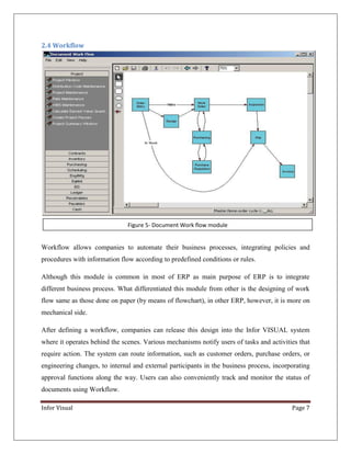 2.4 Workflow

Figure 5- Document Work flow module

Workflow allows companies to automate their business processes, integrating policies and
procedures with information flow according to predefined conditions or rules.
Although this module is common in most of ERP as main purpose of ERP is to integrate
different business process. What differentiated this module from other is the designing of work
flow same as those done on paper (by means of flowchart), in other ERP, however, it is more on
mechanical side.
After defining a workflow, companies can release this design into the Infor VISUAL system
where it operates behind the scenes. Various mechanisms notify users of tasks and activities that
require action. The system can route information, such as customer orders, purchase orders, or
engineering changes, to internal and external participants in the business process, incorporating
approval functions along the way. Users can also conveniently track and monitor the status of
documents using Workflow.
Infor Visual

Page 7

 