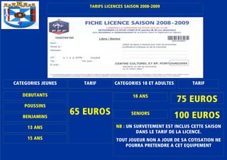TARIFS LICENCES SAISON 2008TARIFS LICENCES SAISON 2008TARIFS LICENCES SAISON 2008TARIFS LICENCES SAISON 2008----2009200920092009
CATEGORIES JEUNESCATEGORIES JEUNESCATEGORIES JEUNESCATEGORIES JEUNES TARIFTARIFTARIFTARIF
DEBUTANTSDEBUTANTSDEBUTANTSDEBUTANTS
POUSSINSPOUSSINSPOUSSINSPOUSSINS
BENJAMINSBENJAMINSBENJAMINSBENJAMINS
13 ANS13 ANS13 ANS13 ANS
15 ANS15 ANS15 ANS15 ANS
65 EUROS65 EUROS65 EUROS65 EUROS
CATEGORIES 18 ET ADULTESCATEGORIES 18 ET ADULTESCATEGORIES 18 ET ADULTESCATEGORIES 18 ET ADULTES TARIFTARIFTARIFTARIF
18 ANS18 ANS18 ANS18 ANS
SENIORSSENIORSSENIORSSENIORS
75 EUROS75 EUROS75 EUROS75 EUROS
100 EUROS100 EUROS100 EUROS100 EUROS
NB :NB :NB :NB : UN SURVETEMENT EST INCLUS CETTE SAISONUN SURVETEMENT EST INCLUS CETTE SAISONUN SURVETEMENT EST INCLUS CETTE SAISONUN SURVETEMENT EST INCLUS CETTE SAISON
DANS LE TARIF DE LA LICENCE.DANS LE TARIF DE LA LICENCE.DANS LE TARIF DE LA LICENCE.DANS LE TARIF DE LA LICENCE.
TOUT JOUEUR NON A JOUR DE SA COTISATION NETOUT JOUEUR NON A JOUR DE SA COTISATION NETOUT JOUEUR NON A JOUR DE SA COTISATION NETOUT JOUEUR NON A JOUR DE SA COTISATION NE
POURRA PRETENDRE A CET EQUIPEMENTPOURRA PRETENDRE A CET EQUIPEMENTPOURRA PRETENDRE A CET EQUIPEMENTPOURRA PRETENDRE A CET EQUIPEMENT
 