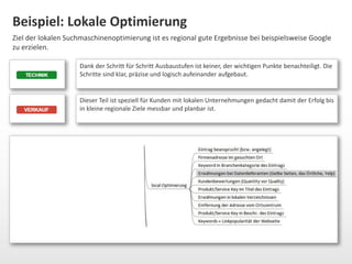 Beispiel: Lokale Optimierung 
Ziel der lokalen Suchmaschinenoptimierung ist es regional gute Ergebnisse bei beispielsweise Google 
zu erzielen. 
Dank der Schritt für Schritt Ausbaustufen ist keiner, der wichtigen Punkte benachteiligt. Die 
Schritte sind klar, präzise und logisch aufeinander aufgebaut. 
Dieser Teil ist speziell für Kunden mit lokalen Unternehmungen gedacht damit der Erfolg bis 
in kleine regionale Ziele messbar und planbar ist. 
 