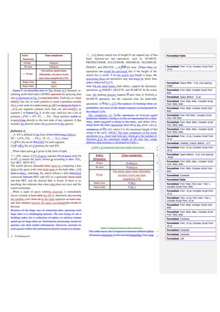 table “no change to the hash table”. Therefore, the insertion
operation can be performed in (|V|) where V is the length of
the value to be inserted.
The insertion operation in case 2 is illustrated in Fig. 8. A
new DN is created to insert value ‘Ohio’ into segment1.
Fig 8. Inserted new Root Node (case 2)
In segment 2, a RN ‘City’ should be inserted first, and then a
value ‘Findlay’ can be inserted as a child node. In this case,
since there is no RN is existed under the DN ‘Ohio’; therefore,
a new RN ‘City’ should be created (see line 5). It is an
extension of a value directly above it and then a new DN is
created to insert value ‘Findlay’. The same steps are applied in
segment3. Segment 2 and segment 3 of the DOMI are required
to the creation of RNs. This needs to add new pointers for
RNs (‘City’, ‘compnay name’) in the hash table (see line 6).
The time complexity of the insertion operation in DOMI
depends on the time complexity of Multi-Segments Radix
Tree Index (MSRTI) and Hash Table (HT). It is required to
insert a new value into the appropriate DN and also insert RN
for this value in the HT.
Therefore, the time complexity could be determined as
follows:
l = max ( |V1| , |V2|, …. |Vn|), l is the length of the maximum
value.
MSRTI: (n l), where n is the number of segments which
equals to the number of fields and l is the length of the
maximum value
DOMI: (n l) + (1) = (n l) since (1) is negligible.
D. Algorithm Search
the algorithm for searching values in DOMI data structure is
presented in Fig. 9.
Fig 9. Simple Algorithm for search in DOMI
Usually, searching the trees must be descending from the
highest tree. Thus, more than one SRT to be searched might
be traversed.
E. Example search
Fig. 10 describes how to search DOMI for a specific value
stated in a given query. Given a query, the search begins from
the RNs nodes that are stored in the HT. It checks RNs until a
field name that matches the query field name is found. If there
is a matching, the search follows the direct link that refers to a
particular block-sized SRTi. Then, the search continues from
the RN of SRTi down to a DN.
The comparison between a key of Tquery and a RN of a HT is
illustrated in line 1 of Fig. 9. The following example can be
used to illustrate how to process queries using DOMI
structure.
A query Q is stated as “City= Garden Gove and Company
name= A white Rose”. It is immediately moving towards the
HT. If a ‘City’ and a ‘Company name’ of Tquery matches the
appropriate FNs in the HT, the search process follows pointers
of those accordance FNs. P1 in the pointers of ‘City’ which
points directly to the segment2, which includes “Garden Gove”
value according to the query without traversing the segment1.
P1 in the pointers of ‘Company name’ points directly to the
Input: Q = (k1, v1, k2, v2,) Tuples of query.
Output: all occurrences of Q in the Data Set.
RN: root node, p: pointer of RN
/*Search begins at the hash table (HT)*/
1) Check a ki of Tquery with a RNi of HT, if so.
2) A pi of a RNi in HT moves toward SRTi
3) Return output
4) Otherwise, If ki of Tquery ≠ a RNi of HT, then return null
 