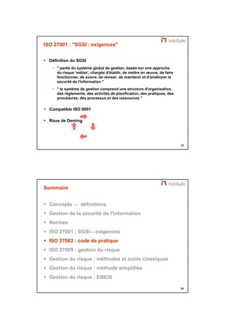 21/11/2014 
10 
19 
ISO 27001 : "SGSI : exigences" 
 Définition du SGSI 
• " partie du système global de gestion, basée sur une approche 
du risque 'métier', chargée d'établir, de mettre en oeuvre, de faire 
fonctionner, de suivre, de réviser, de maintenir et d'améliorer la 
sécurité de l'information " 
• " le système de gestion comprend une structure d'organisation, 
des règlements, des activités de planification, des pratiques, des 
procédures, des processus et des ressources " 
 Compatible ISO 9001 
 Roue de Deming 
20 
Sommaire 
 Concepts – définitions 
 Gestion de la sécurité de l'information 
 Normes 
 ISO 27001 : SGSI – exigences 
 ISO 27002 : code de pratique 
 ISO 27005 : gestion du risque 
 Gestion du risque : méthodes et outils classiques 
 Gestion du risque : méthode simplifiée 
 Gestion du risque : EBIOS 
 