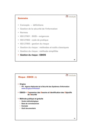 21/11/2014 
35 
69 
Sommaire 
 Concepts – définitions 
 Gestion de la sécurité de l'information 
 Normes 
 ISO 27001 : SGSI – exigences 
 ISO 27002 : code de pratique 
 ISO 27005 : gestion du risque 
 Gestion du risque : méthodes et outils classiques 
 Gestion du risque : méthode simplifiée 
 Gestion du risque : EBIOS 
70 
Risque : EBIOS (1) 
 Origine 
• FR : Agence Nationale de la Sécurité des Systèmes d'Information 
www.ssi.gouv.fr/fr/anssi/ 
 EBIOS = Expression des Besoins et Identification des Objectifs 
de Sécurité 
 Méthode publique et gratuite 
• Guide méthodologique 
• Base de connaissances 
• Exemple 
• Outil documentaire 
 
