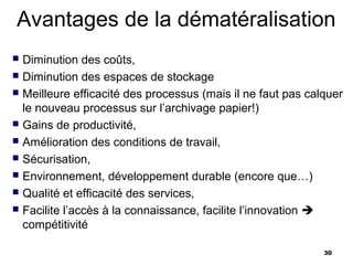 Avantages de la dématéralisation
 Diminution des coûts,
 Diminution des espaces de stockage
 Meilleure efficacité des processus (mais il ne faut pas calquer
  le nouveau processus sur l’archivage papier!)
 Gains de productivité,
 Amélioration des conditions de travail,
 Sécurisation,
 Environnement, développement durable (encore que…)
 Qualité et efficacité des services,
 Facilite l’accès à la connaissance, facilite l’innovation 
  compétitivité

                                                             30
 