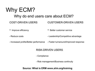 Why ECM?
    Why do end users care about ECM?
COST-DRIVEN USERS                        CUSTOMER-DRIVEN USERS

- Improve efficiency                     - Better customer service
- Reduce costs                           - Leadership/Competitive advantage

- Increased profits/Better performance   - Faster turnaround/Improved response


                            RISK-DRIVEN USERS

                            - Compliance

                            - Risk management/Business continuity


              Source: What is ERM www.aiim.org/training
 