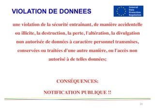 VIOLATION DE DONNEES
20
une violation de la sécurité entraînant, de manière accidentelle
ou illicite, la destruction, la perte, l'altération, la divulgation
non autorisée de données à caractère personnel transmises,
conservées ou traitées d'une autre manière, ou l'accès non
autorisé à de telles données;
CONSÉQUENCES:
NOTIFICATION PUBLIQUE !!
 