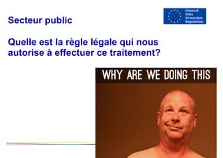 Secteur public
 
Quelle est la règle légale qui nous
autorise à effectuer ce traitement?
 