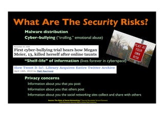 What Are The Security Risks?	

•  Malware distribution	

•  Cyber-bullying (“trolling,” emotional abuse)	

•  “Shelf-life” of information (lives forever in cyberspace)	

•  Privacy concerns	

•  Information about you that you post	

•  Information about you that others post	

•  Information about you the social networking sites collect and share with others	

Source: The Risks of Social Networking IT Security Roundtable Harvard Townsend
Chief Information Security Ofﬁcer Kansas State University	

 