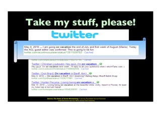 Take my stuff, please!	

Source: The Risks of Social Networking IT Security Roundtable Harvard Townsend
Chief Information Security Ofﬁcer Kansas State University	

 