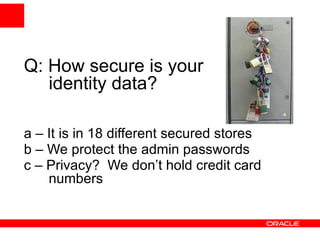 Q: How secure is your
   identity data?

a – It is in 18 different secured stores
b – We protect the admin passwords
c – Privacy? We don’t hold credit card
    numbers
 