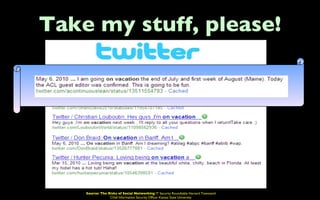 Take my stuff, please!




    Source: The Risks of Social Networking IT Security Roundtable Harvard Townsend
                 Chief Information Security Officer Kansas State University
 