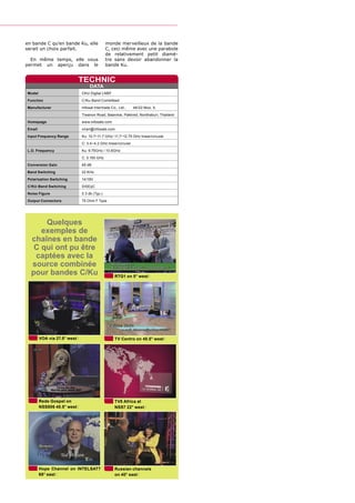 en bande C qu’en bande Ku, elle              monde merveilleux de la bande
serait un choix parfait.                     C, ceci même avec une parabole
                                             de relativement petit diamè-
  En même temps, elle vous                   tre sans devoir abandonner la
permet un aperçu dans le                     bande Ku.


                             TECHNIC
                                  DATA
Model                        CKU Digital LNBF
Function                     C/Ku-Band Combifeed

Manufacturer                 Infosat Intertrade Co., Ltd.,    46/22 Moo. 5,
                             Tiwanon Road, Baanmai, Pakkred, Nonthaburi, Thailand
Homepage                     www.infosats.com
Email                        niran@infosats.com
Input Frequency Range        Ku: 10.7~11.7 GHz/ 11.7~12.75 GHz linear/circular
                             C: 3.4~4.2 GHz linear/circular
L.O. Frequency               Ku: 9.75GHz / 10.6GHz
                             C: 5.150 GHz
Conversion Gain              65 dB
Band Switching               22 KHz
Polarization Switching       14/18V
C/KU-Band Switching          DiSEqC
Noise Figure                 0.3 db (Typ.)
Output Connectors            75 Ohm F Type




      Quelques
     exemples de
  chaînes en bande
   C qui ont pu être
   captées avec la
  source combinée
  pour bandes C/Ku                                RTG1 on 5° west




        VOA via 27.5° west                        TV Centro on 40.5° west




        Rede Gospel on                            TV5 Africa at
        NSS806 40.5° west                         NSS7 22° west




        Hope Channel on INTELSAT7                 Russian channels
        68° east                                  on 40° east
 
