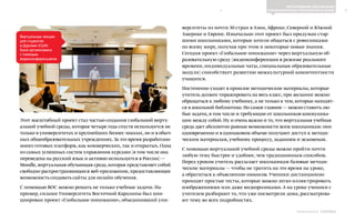 5
ПРОГРАММНОЕ ОБЕСПЕЧЕНИЕ
И КОМПЬЮТЕРНЫЕ ТЕХНОЛОГИИ В ШКОЛЕ
Выпуск 18ИНФОШКОЛА
Этот масштабный проект стал частью создания глобальной вирту-
альной учебной среды,которая четыре года спустя используется не
только в университетах и крупнейших бизнес-школах,но и в обыч-
ных общеобразовательных учреждениях.За это время разработано
много готовых платформ,как коммерческих,так и открытых.Одна
из самых успешных систем управления курсами (в том числе она
переведена на русский язык и активно используется в России) —
Moodle,виртуальная обучающая среда,которая представляет собой
свободно распространяющееся веб-приложение,предоставляющее
возможность создавать сайты для онлайн-обучения.
С помощью ВОС можно решать не только учебные задачи. На-
пример, силами Университета Восточной Каролины был ини-
циирован проект «Глобальное понимание», объединивший уни-
верситеты из почти 30 стран в Азии,Африке, Северной и Южной
Америке и Европе. Изначально этот проект был придуман стар-
шими школьниками, которые хотели общаться с ровесниками
по всему миру, получая при этом и некоторые новые знания.
Сегодня проект «Глобальное понимание» через виртуальную об-
разовательную среду (видеоконференции в режиме реального
времени, индивидуальные чаты, специальные образовательные
модули) способствует развитию межкультурной компетентности
учащихся.
Постепенно уходят в прошлое методические материалы,которые
учитель должен тиражировать на весь класс,при желании можно
обращаться к любому учебнику,а не только к тем,которые находят-
ся в школьной библиотеке.Но самое главное — можно ставить лю-
бые задачи,в том числе и требующие от школьников коммуника-
ции между собой.Ну и очень важно и то,что виртуальная учебная
среда дает абсолютно равные возможности всем школьникам: они
одновременно и в одинаковом объеме получают доступ к методи-
ческим материалам,учебному процессу,заданиям и экзаменам.
С помощью виртуальной учебной среды можно пройти почти
любую тему быстрее и удобнее, чем традиционным способом.
Перед уроком учитель рассылает школьникам базовые методи-
ческие материалы — чтобы не тратить на это время на уроке,
а обратиться к объяснению нюансов. Ученики дистанционно
проходят простые тесты, которые можно легко иллюстрировать
изображениями или даже видеороликами.А на уроке ученики с
учителем разбирают то, что уже посмотрели дома, рассматрива-
ют тему во всех подробностях.
Виртуальную лекцию
для студентов
в Дурхаме (США)
была организована
с помощью
видеоконференцсвязи
К СОДЕРЖАНИЮ
 