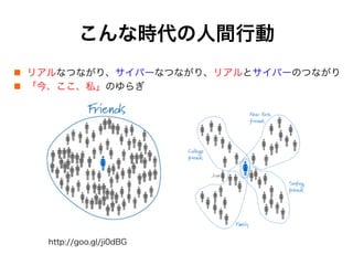 こんな時代の人間行動
http://goo.gl/ji0dBG
!  リアルなつながり、サイバーなつながり、リアルとサイバーのつながり
!  「今、ここ、私」のゆらぎ
 
