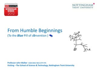 From Humble Beginnings
(To the Blue Pill of c0nvention )

Professor John Walker CISM CRISC FBCS CITP ITPC
Visiting – The School of Science & Technology, Nottingham Trent University

 