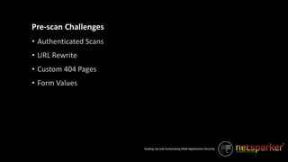 Scaling-Up and Automating Web Application Security
• Authenticated Scans
• URL Rewrite
• Custom 404 Pages
• Form Values
Pre-scan Challenges
 