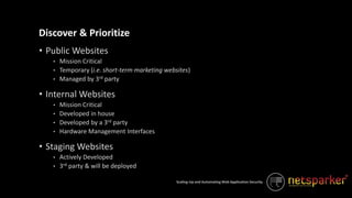 Scaling-Up and Automating Web Application Security
• Public Websites
• Mission Critical
• Temporary (i.e. short-term marketing websites)
• Managed by 3rd party
• Internal Websites
• Mission Critical
• Developed in house
• Developed by a 3rd party
• Hardware Management Interfaces
• Staging Websites
• Actively Developed
• 3rd party & will be deployed
Discover & Prioritize
 
