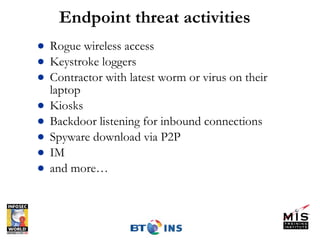 Endpoint threat activities Rogue wireless access Keystroke loggers Contractor with latest worm or virus on their laptop Kiosks Backdoor listening for inbound connections Spyware download via P2P IM and more… 