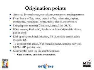 Origination points Accessed by employees, consultants, customers, trading partners From home office, hotel, branch office,  client site, airport, conference, restaurant,  home, trains, planes, automobiles Using laptops running Windows, Linux, Mac OS/X;  PDA running PocketPC, Symbian or PalmOS; mobile phone, public kiosk Dial-up modem, hotel Ethernet, Wi-Fi, mobile carrier, cable modem, DSL To connect with email, Web-based intranet, terminal services, CRM, ERP, partner data Contrast this with the old dumb terminals One location, one hard connection.  